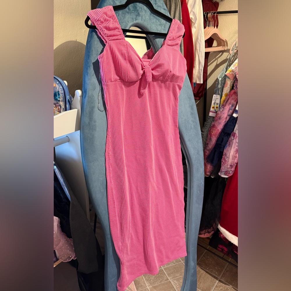 No Boundaries Hot Pink Ribbed Tie-Front Midi Dress